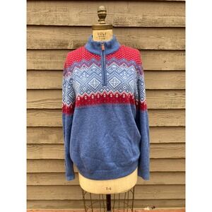 Vineyard Vines Mens Large Fair Isle Quarter Zip Merino Wool Alpaca Sweater Blue
